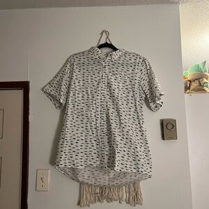 Patterned Button-Up Shirt with Fringe